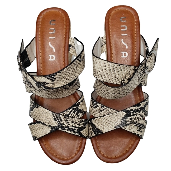 Unisa | Snake Skin Faux Leather Slip On Open Toe Espadrille Wedge Sandals 7.5 - Picture 2 of 11